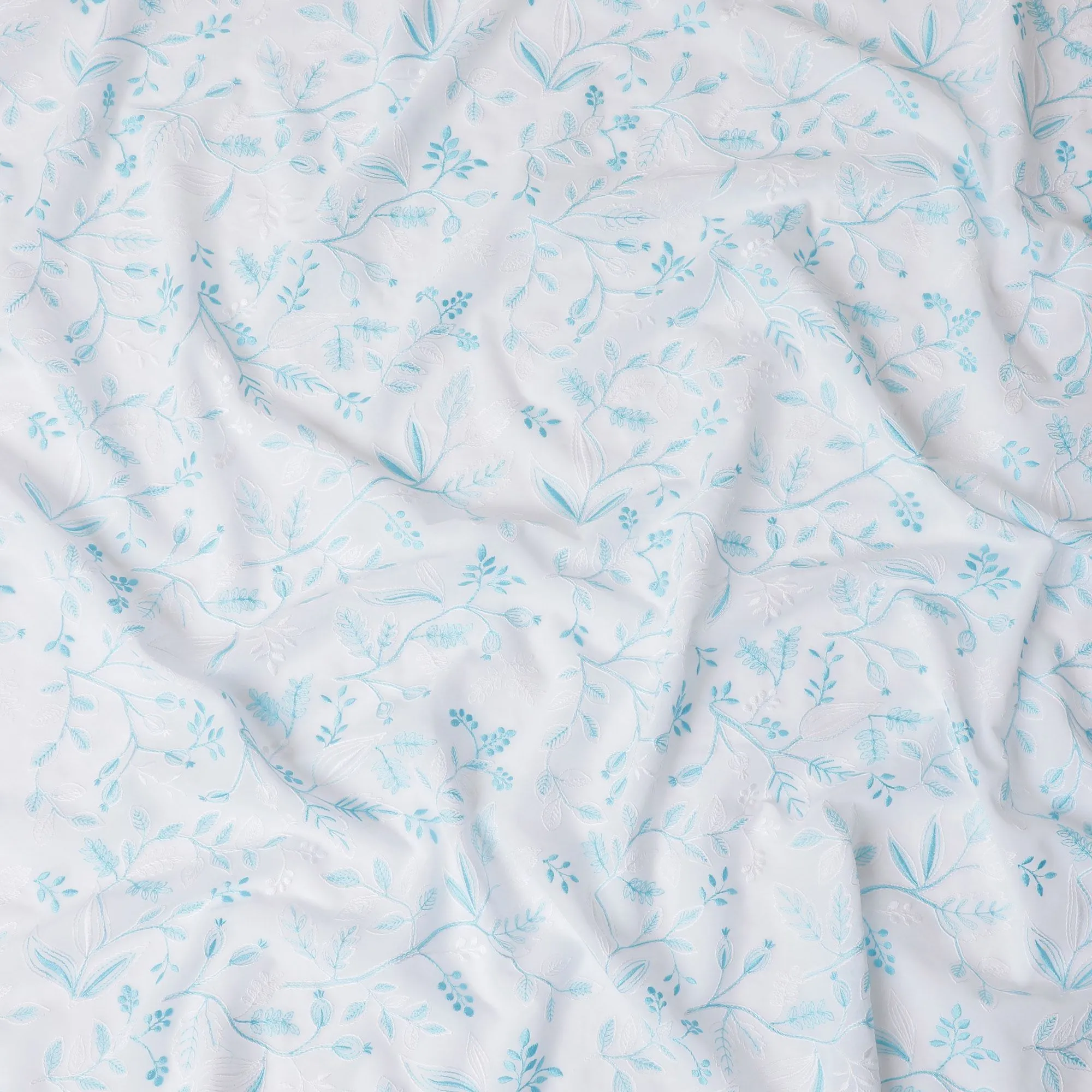 Aqua Whisper Embroidered Cotton Voile Fabric, 110cm Wide - Purchase by the Meter from India-D18869