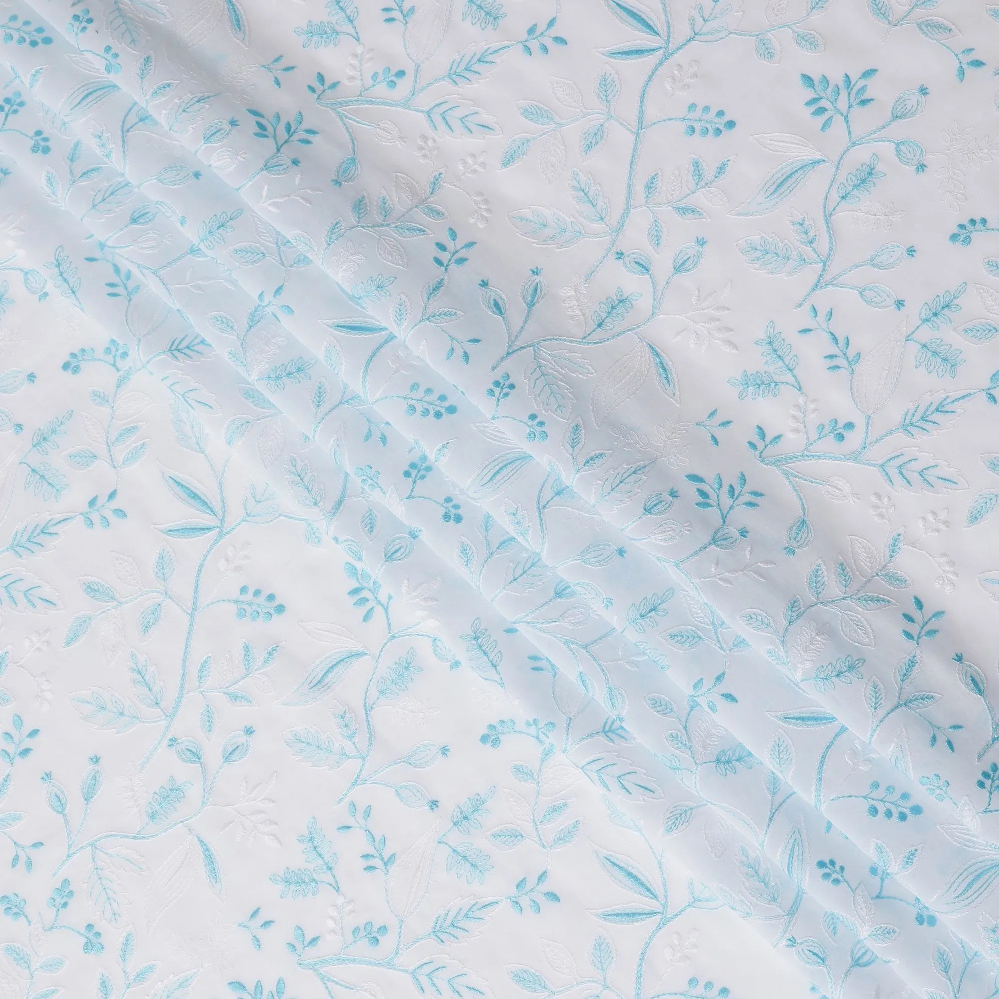 Aqua Whisper Embroidered Cotton Voile Fabric, 110cm Wide - Purchase by the Meter from India-D18869