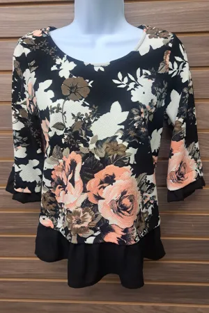 Blk floral 3/4 sleeve ruffle bottom