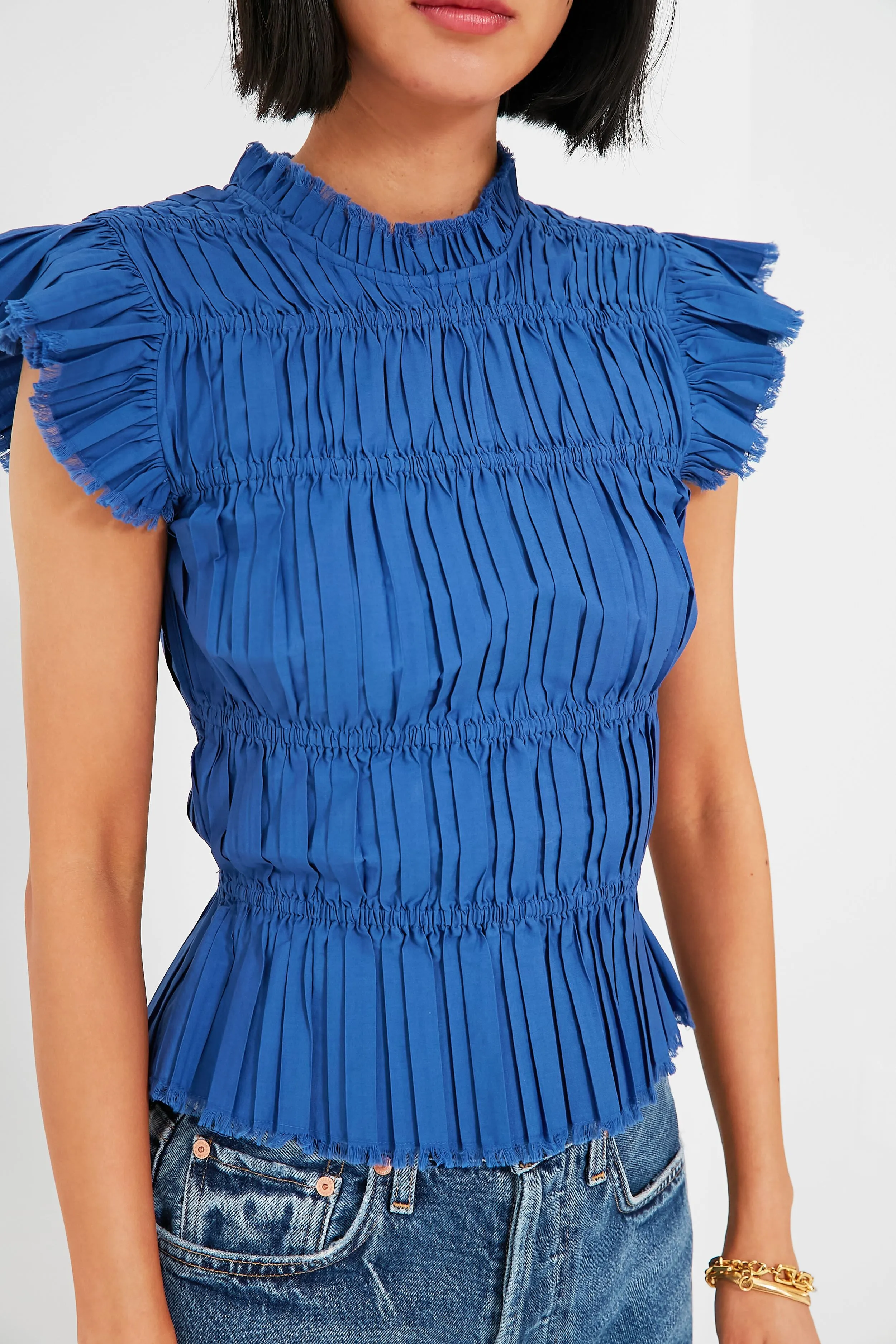 Blue Greir Pleating Flutter Sleeve Top