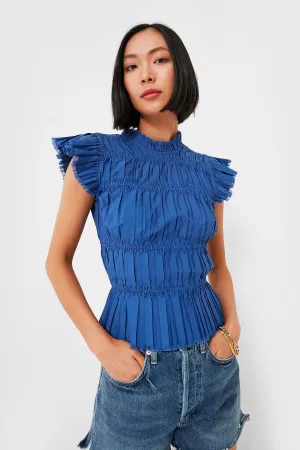 Blue Greir Pleating Flutter Sleeve Top