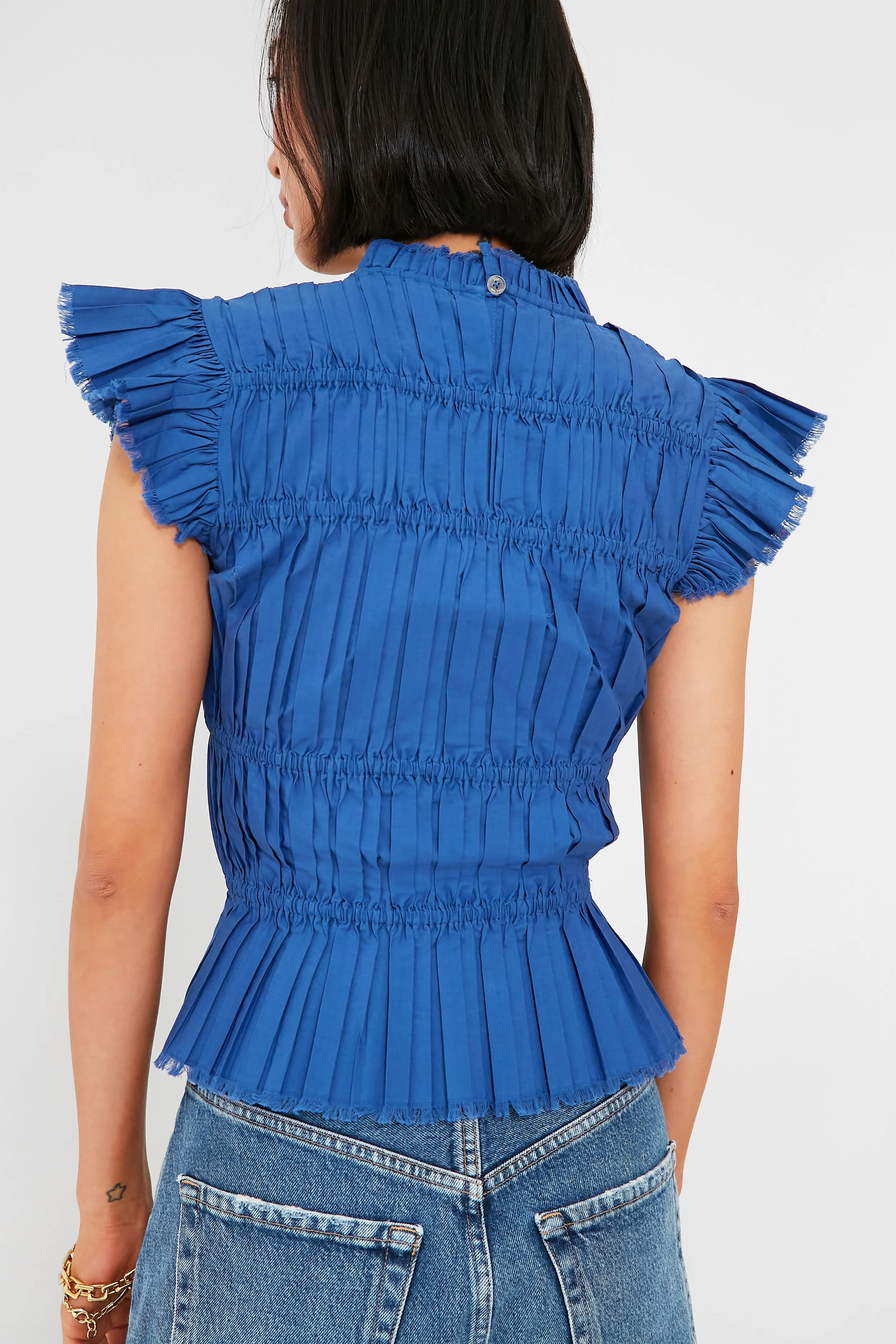 Blue Greir Pleating Flutter Sleeve Top