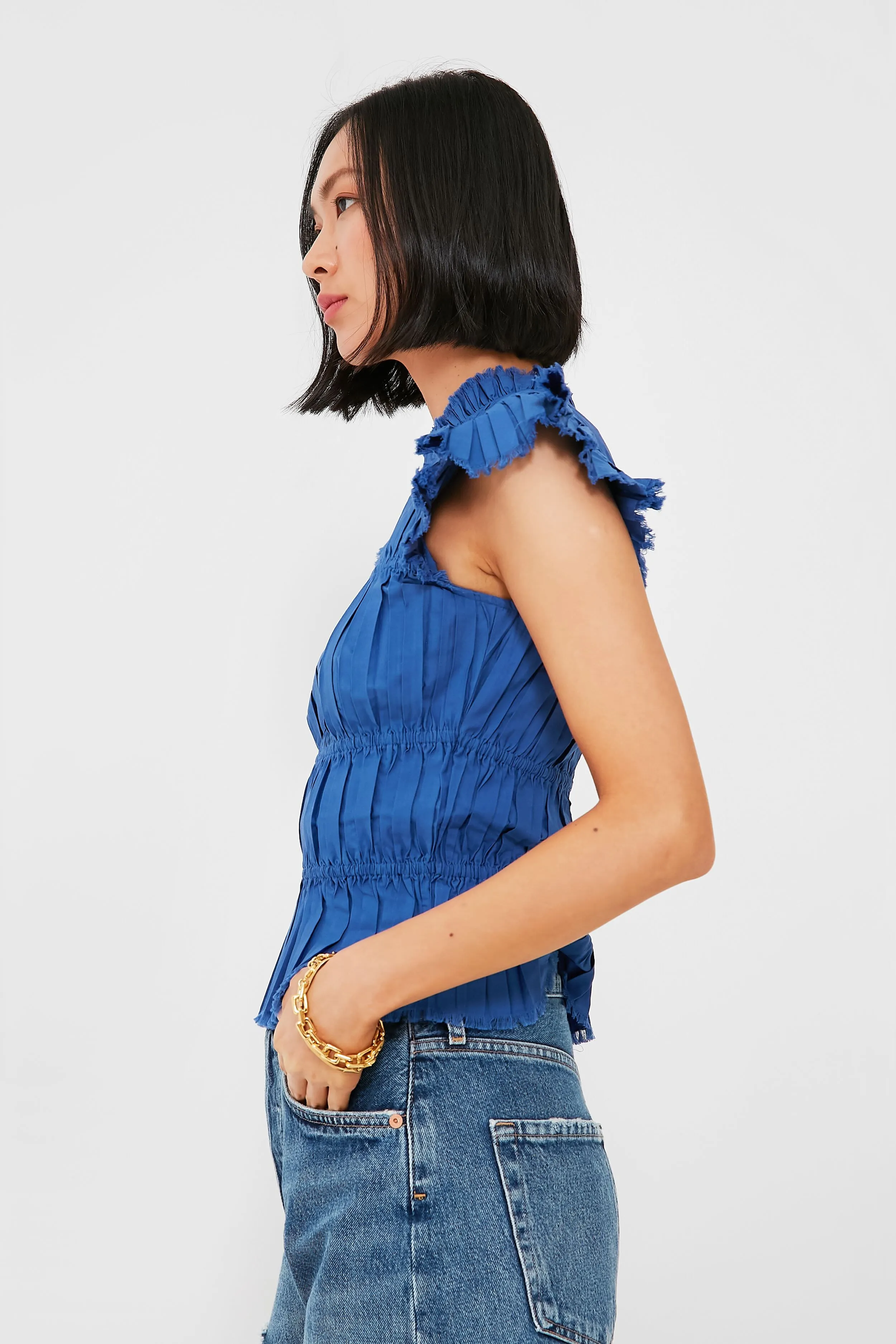 Blue Greir Pleating Flutter Sleeve Top