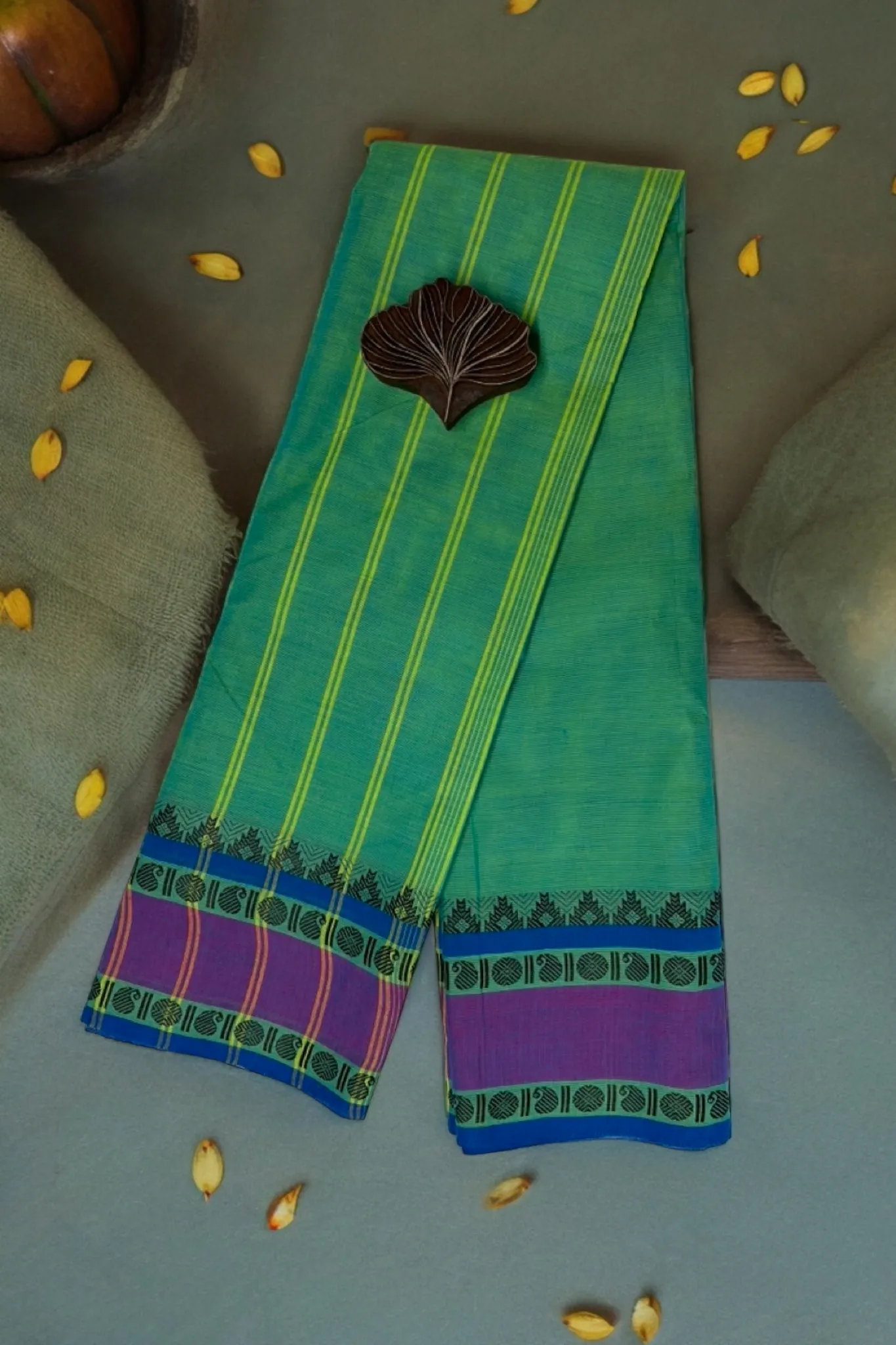 chettinad cotton saree - fresh green & hint of pruple