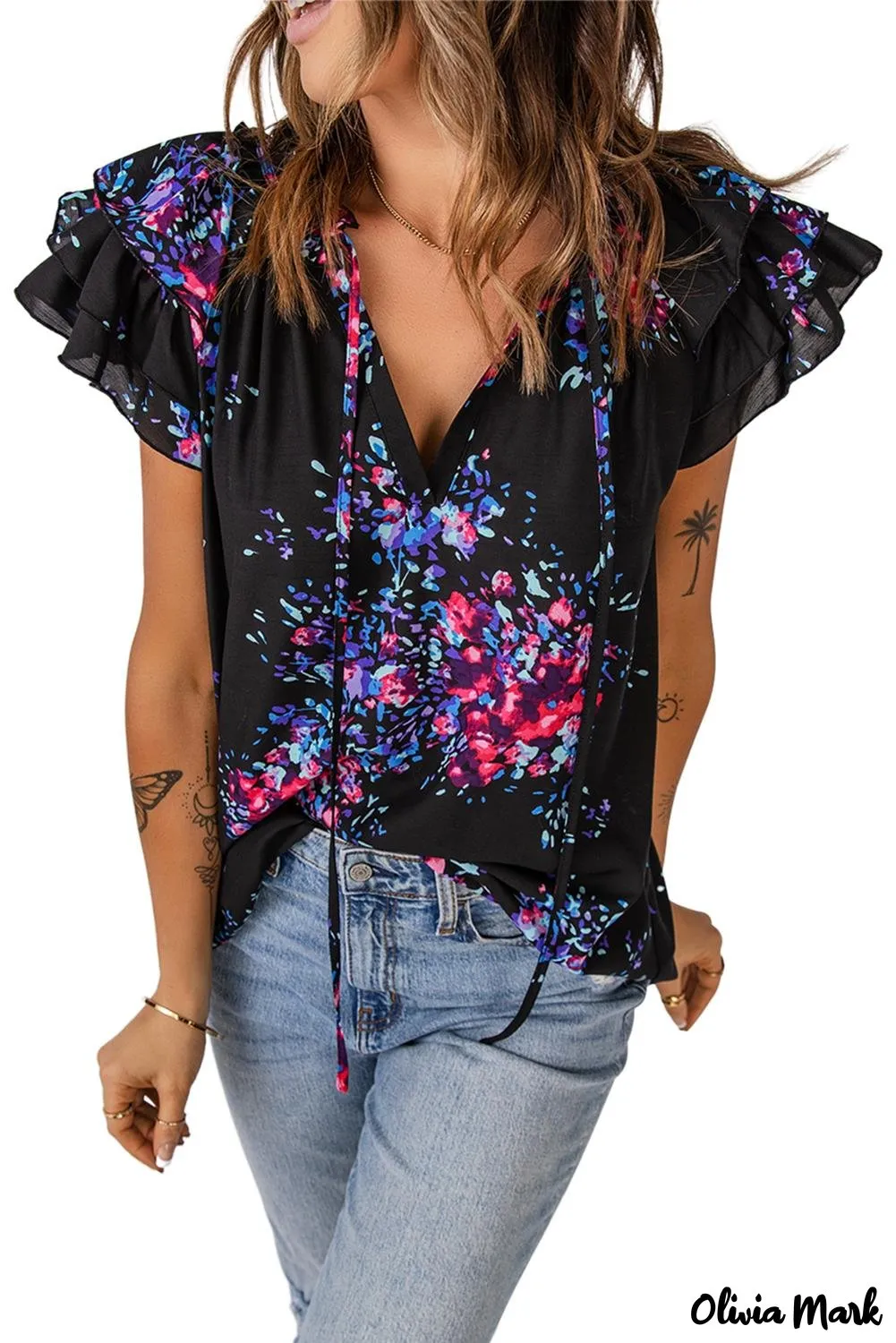 Deanwangkt - Black Tie-Dye Print Split V-Neck Butterfly Sleeve Blouse