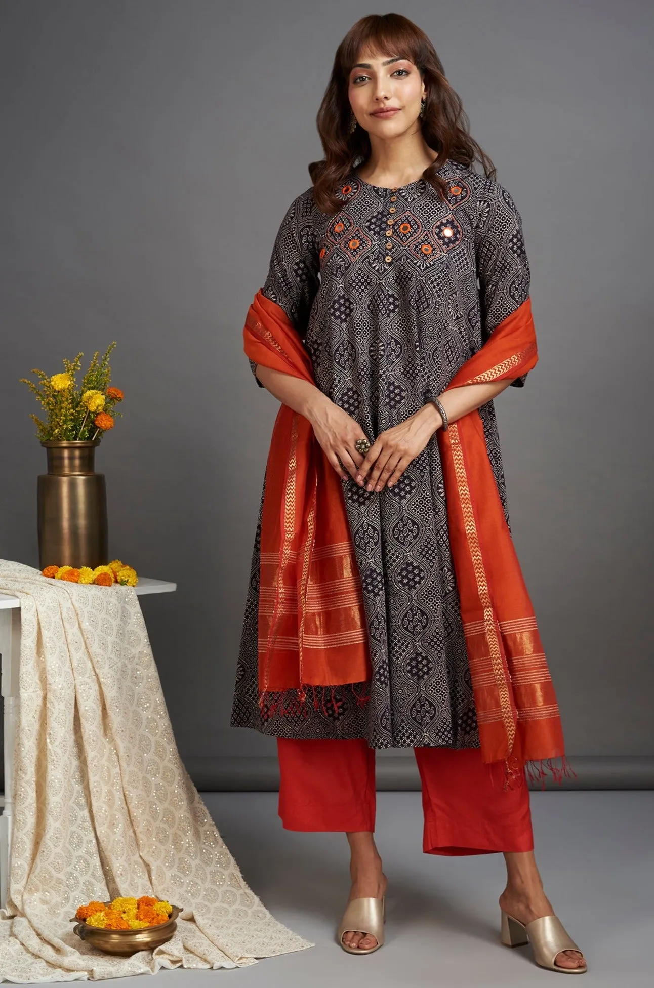 elegant anarkali - starlit night & coquelicot orange