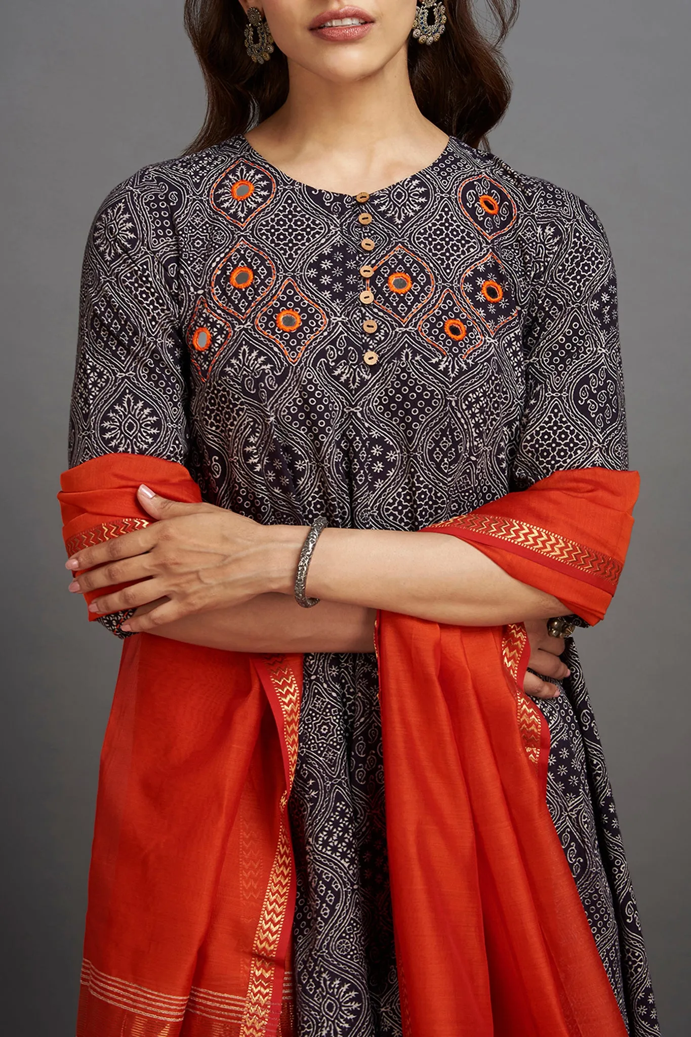 elegant anarkali - starlit night & coquelicot orange