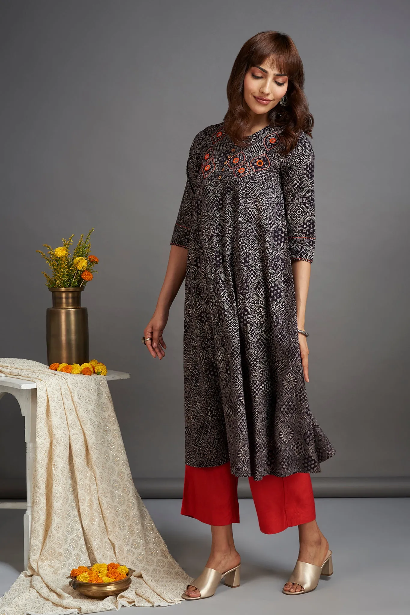 elegant anarkali - starlit night & coquelicot orange