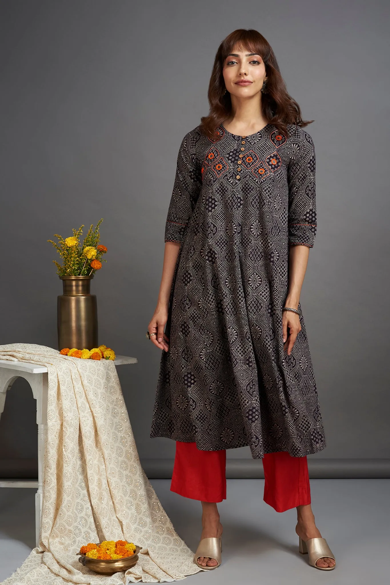 elegant anarkali - starlit night & coquelicot orange