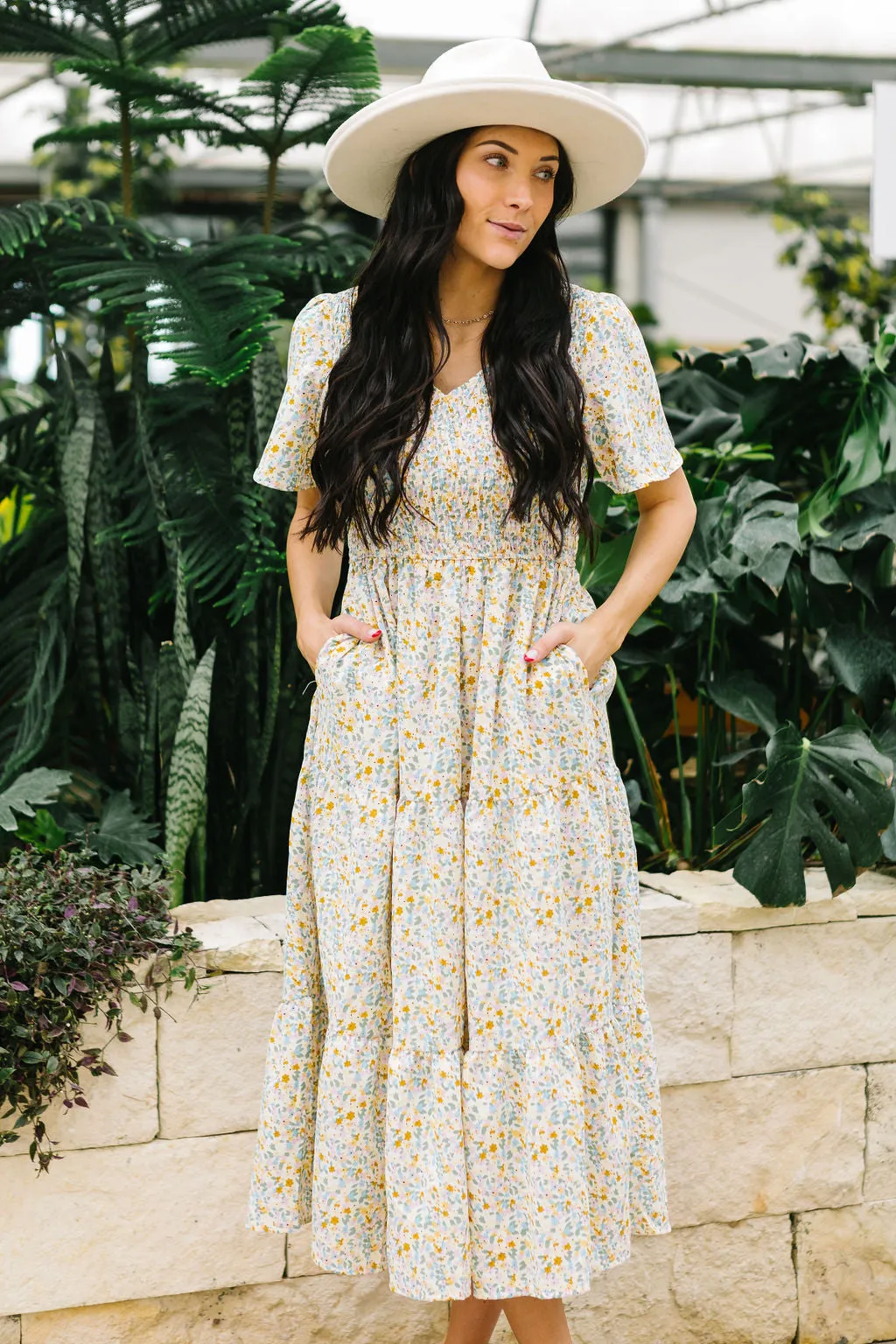 Fields of Gold Floral Smocked Midi Dress // Taupe