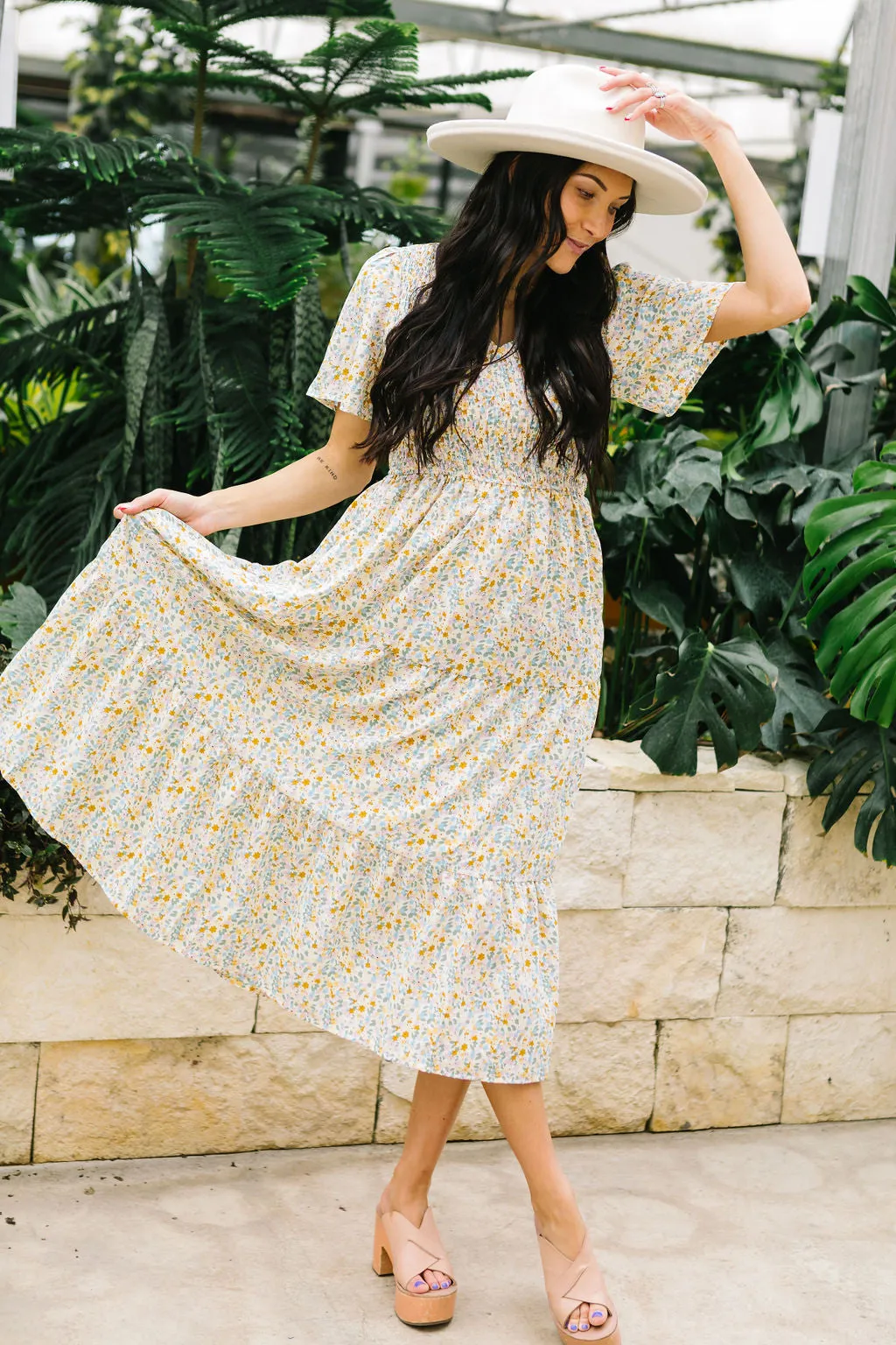 Fields of Gold Floral Smocked Midi Dress // Taupe