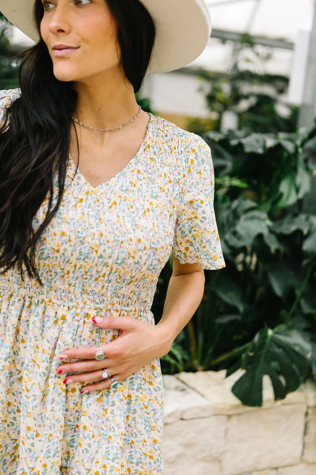 Fields of Gold Floral Smocked Midi Dress // Taupe