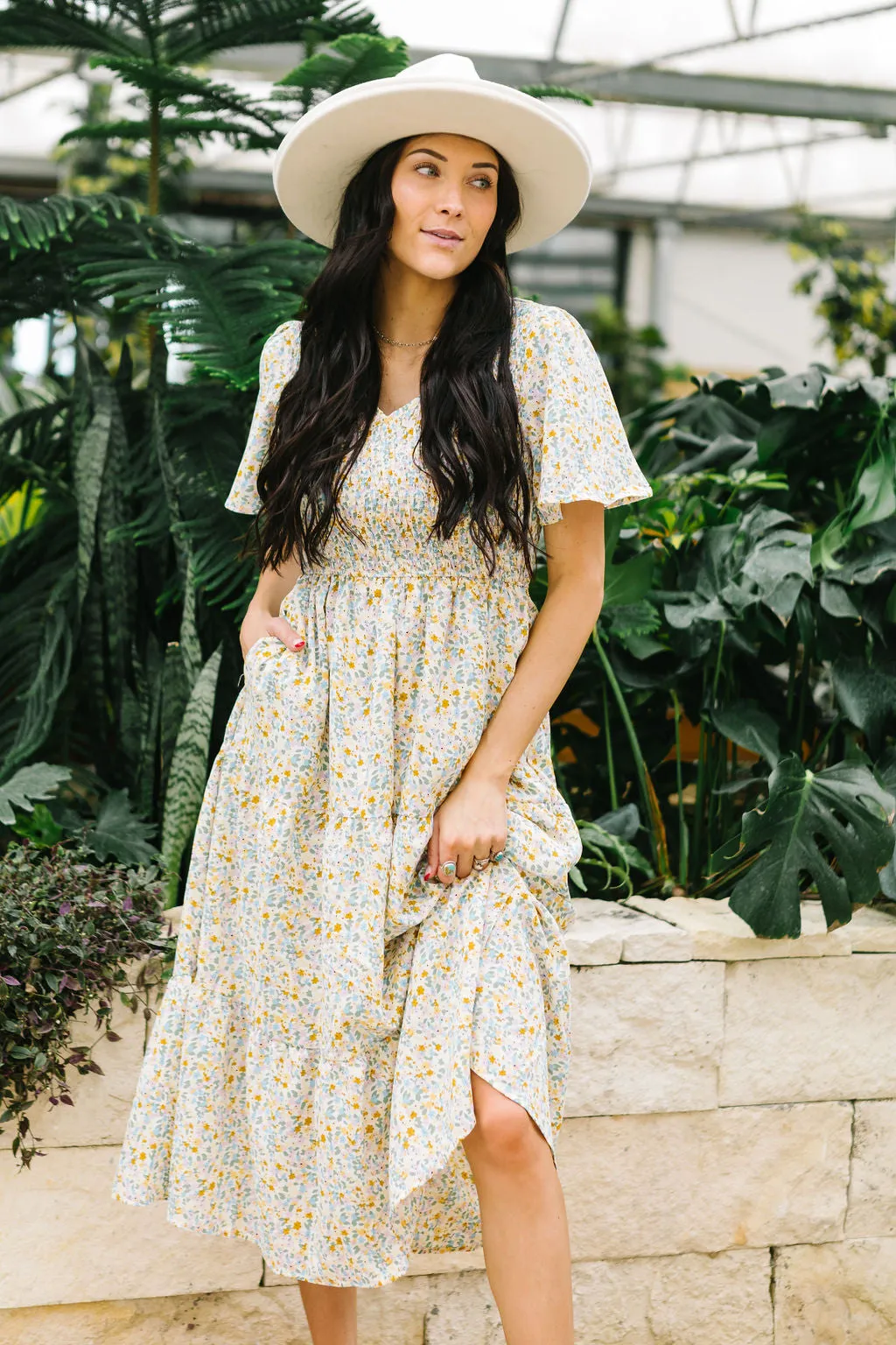 Fields of Gold Floral Smocked Midi Dress // Taupe