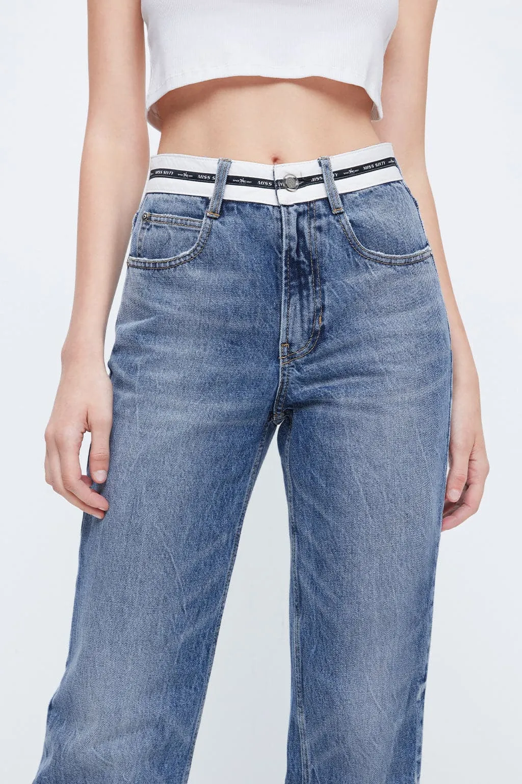 High Waist Straight Fit Jeans With Patchwork