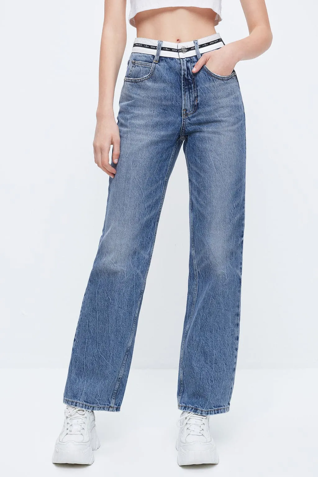 High Waist Straight Fit Jeans With Patchwork