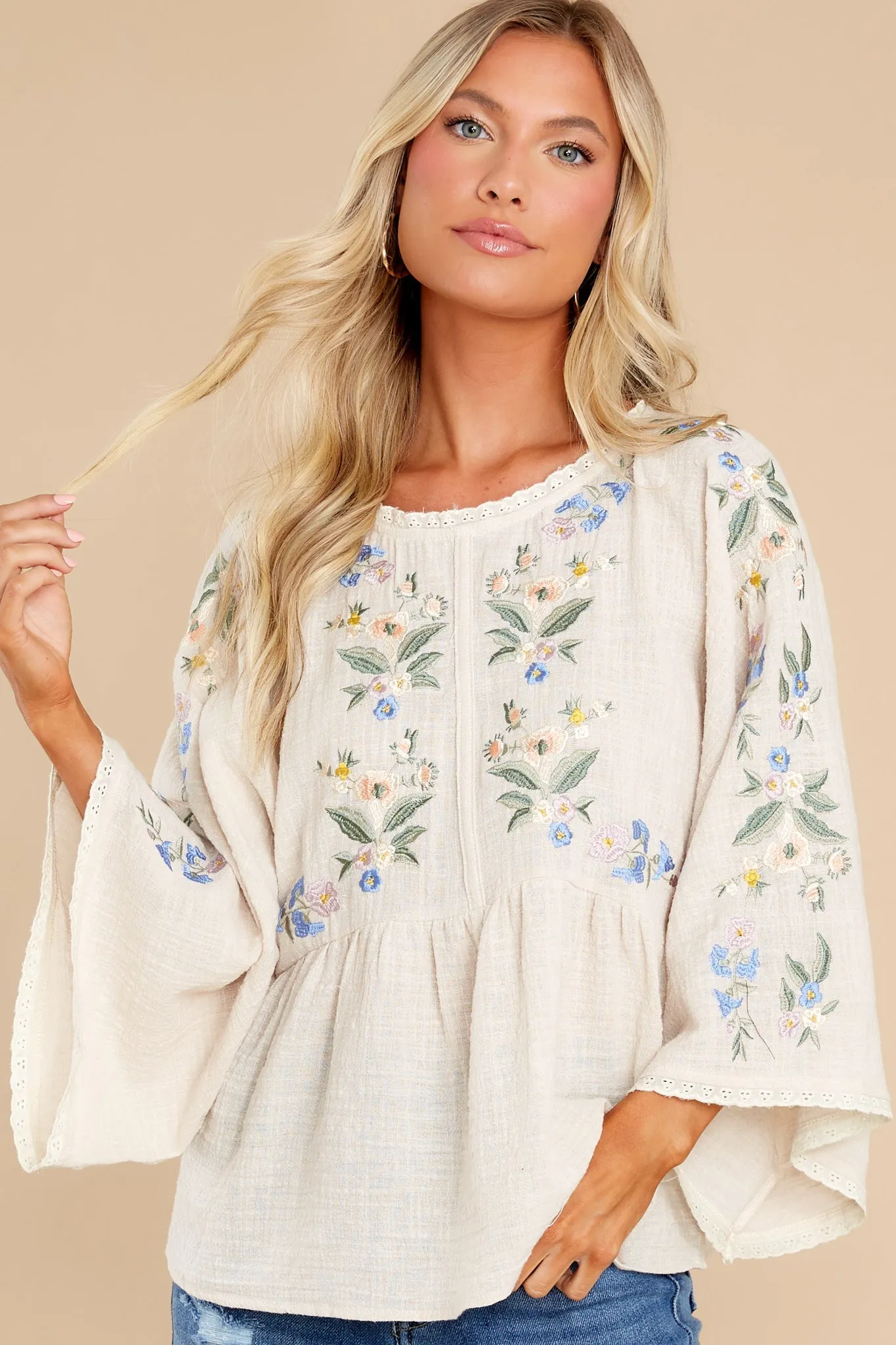 Keep Calm Beige Floral Print Embroidered Top