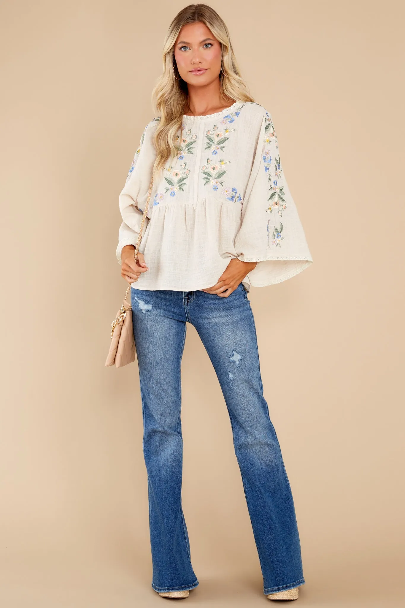 Keep Calm Beige Floral Print Embroidered Top