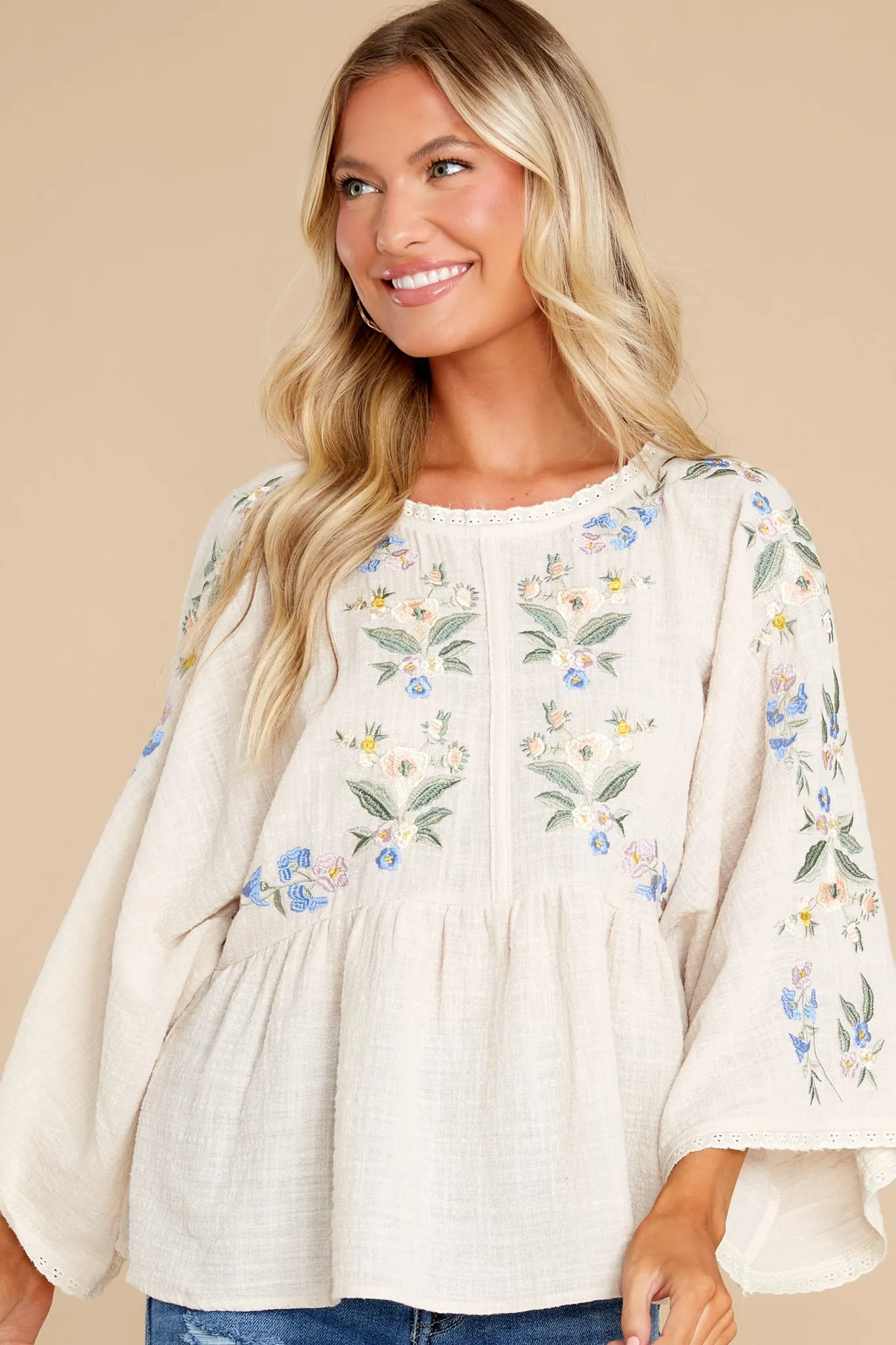 Keep Calm Beige Floral Print Embroidered Top