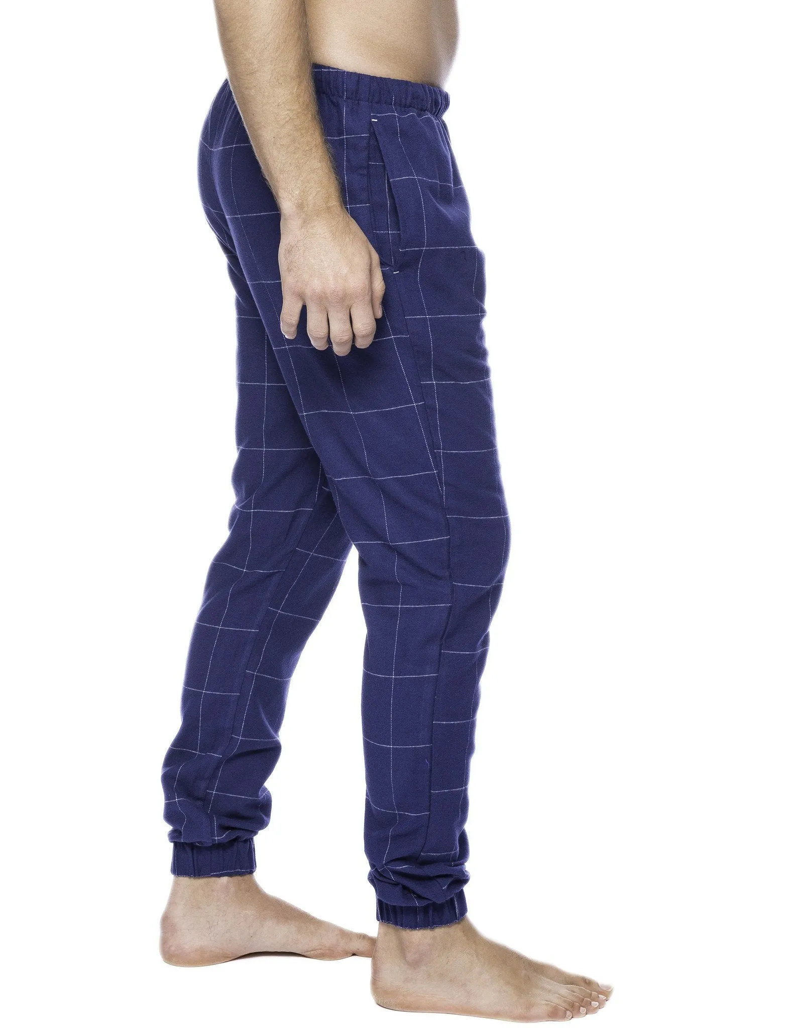 Men's 100% Cotton Flannel Jogger Lounge Pants - Windowpane Checks Dark Blue