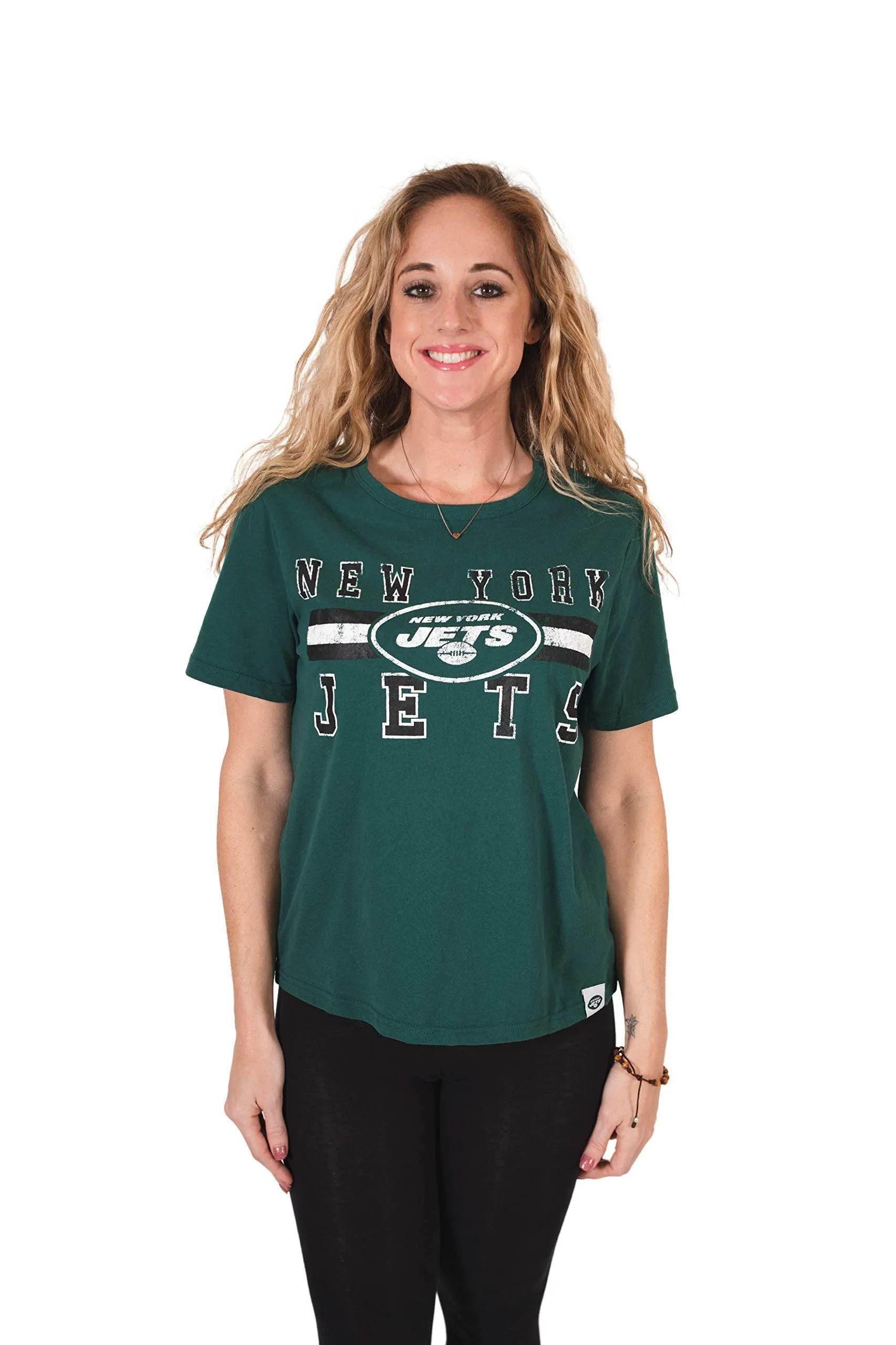 NFL Official Women's Distressed Graphics Super Soft Crew Neck T-Shirt|New York Jets