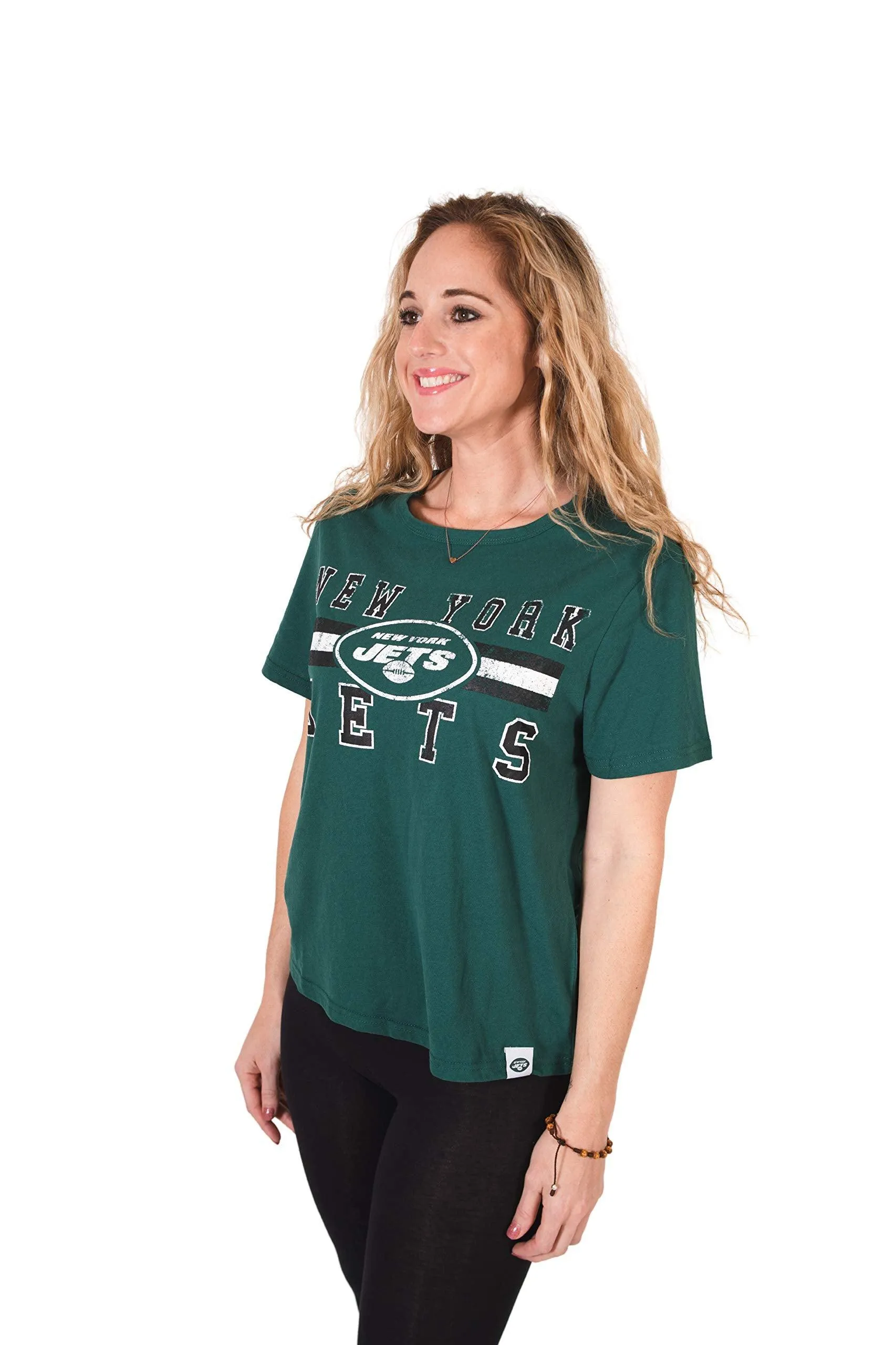 NFL Official Women's Distressed Graphics Super Soft Crew Neck T-Shirt|New York Jets