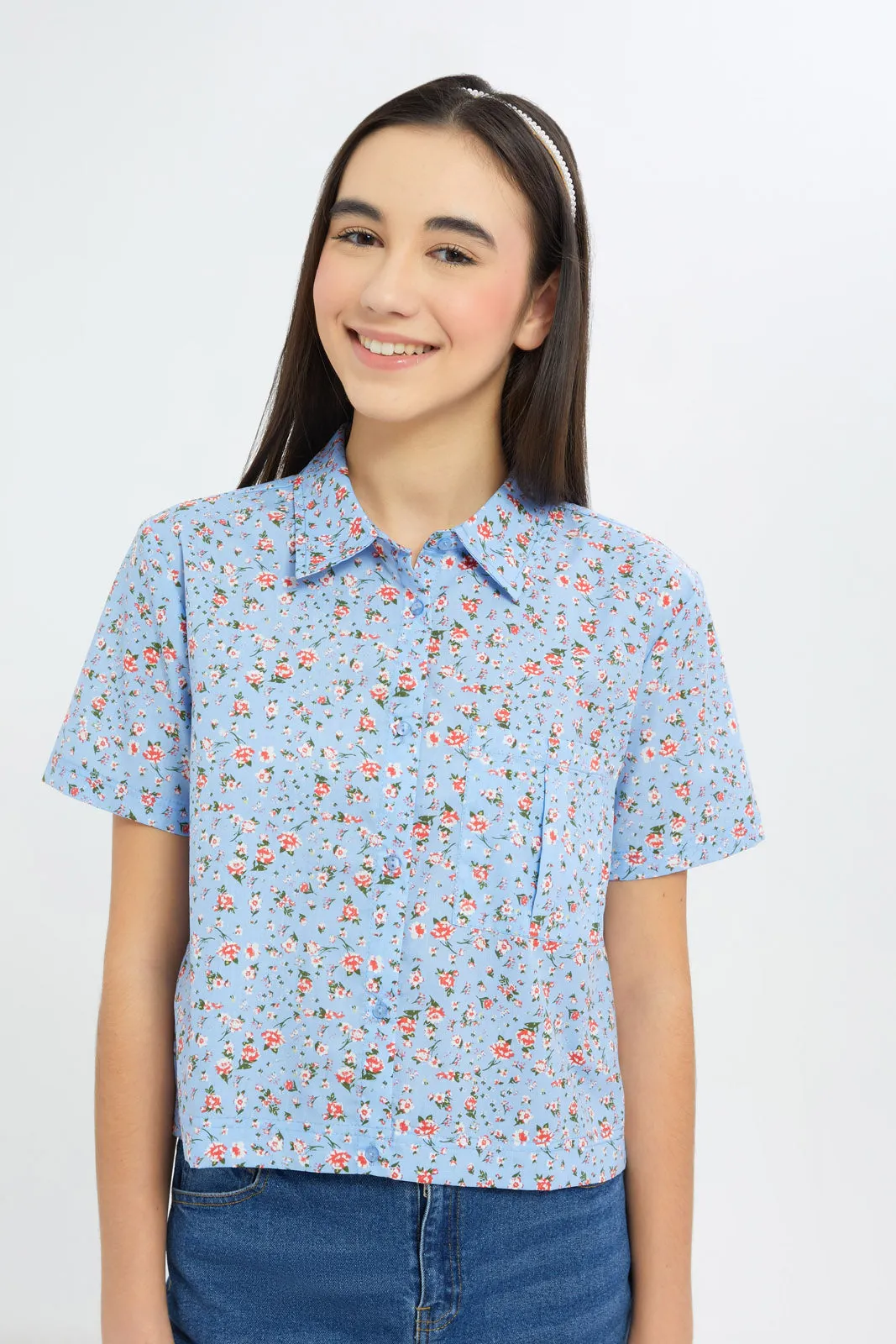 Senior Girls Blue Floral Shirt