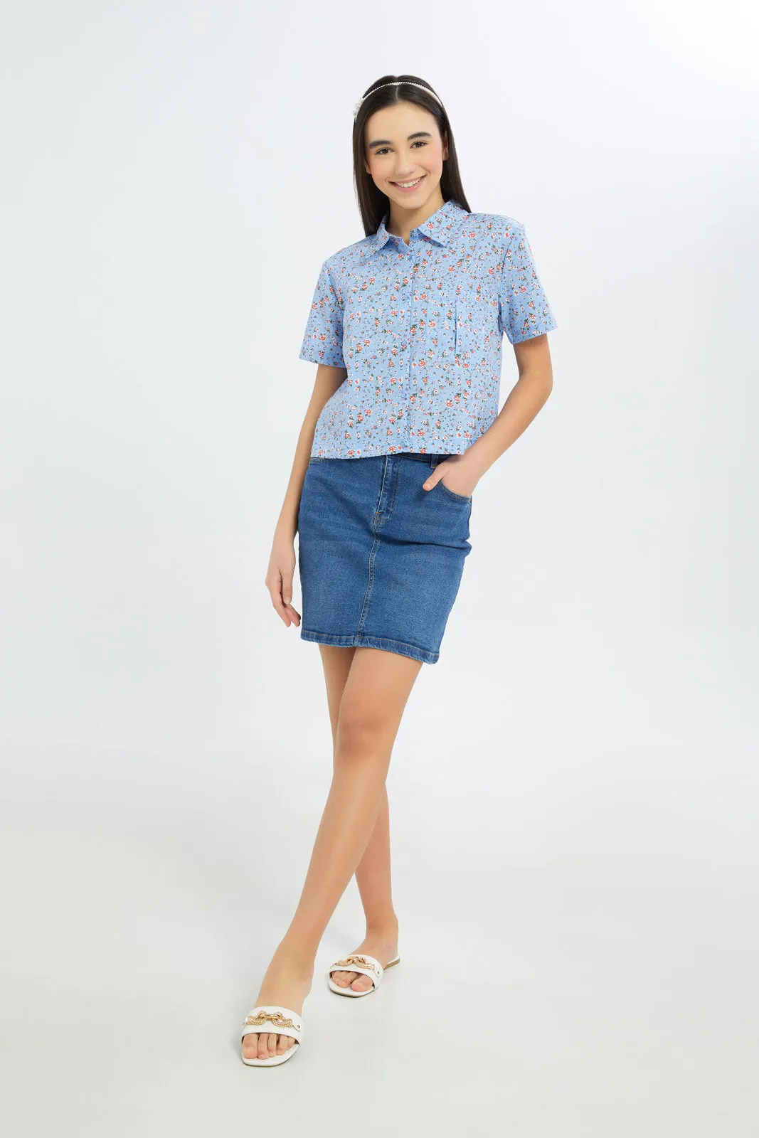 Senior Girls Blue Floral Shirt