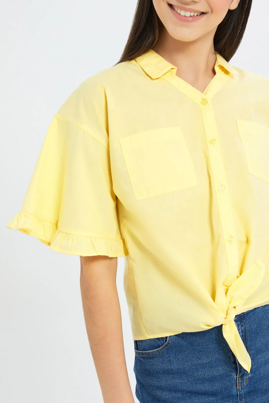 Senior Girls Yellow Ruffled Sleeve Front Tie Blouse