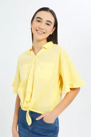 Senior Girls Yellow Ruffled Sleeve Front Tie Blouse