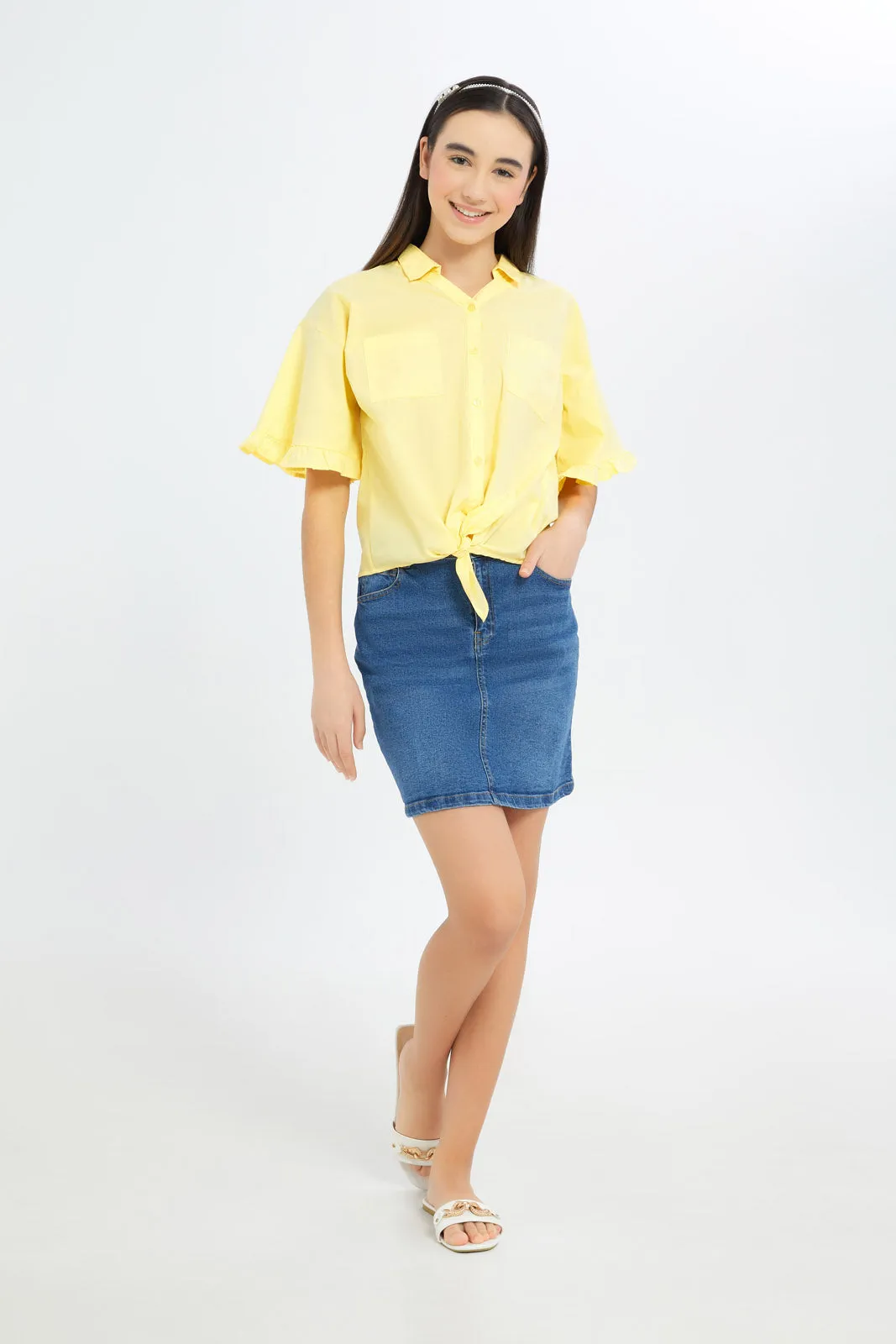 Senior Girls Yellow Ruffled Sleeve Front Tie Blouse