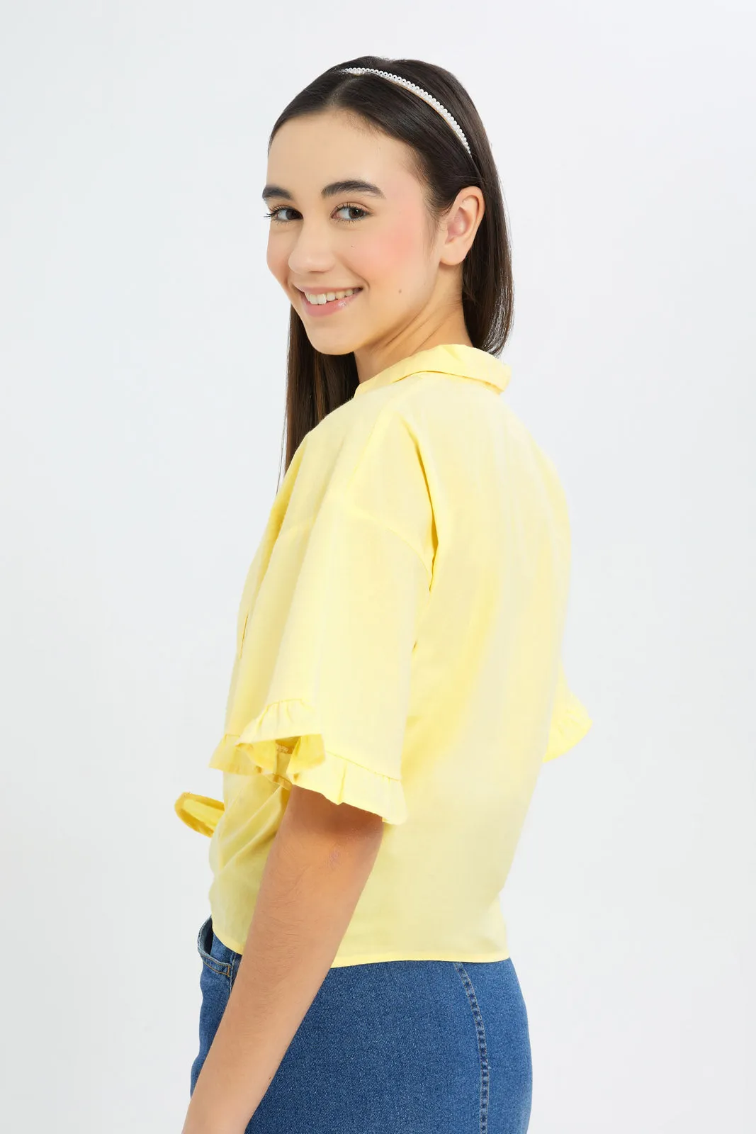 Senior Girls Yellow Ruffled Sleeve Front Tie Blouse