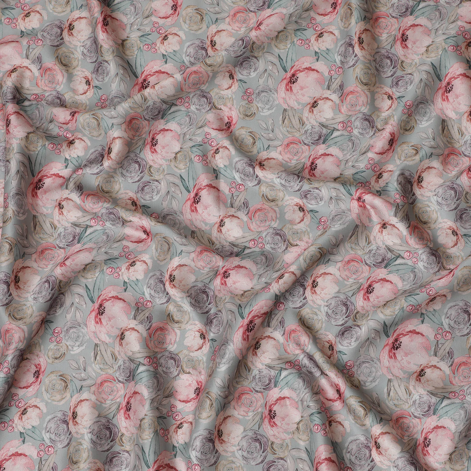 Shabby Chic Pink and Grey Rose Blended Cotton Lawn Fabric - 140 Cm Width, Soft and Breathable, Perfect for Casual and Home Décor-D19156