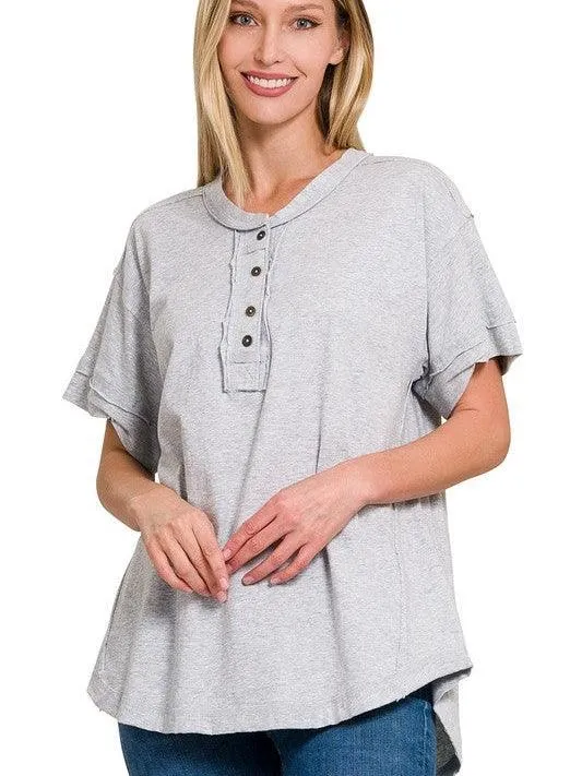 Tucks   Buttons Short Sleeve Raw Edge Oversized Shirt