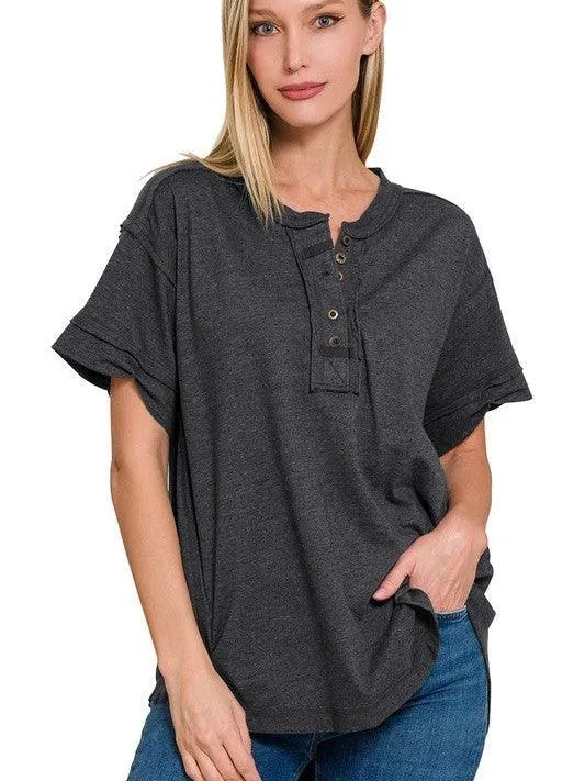 Tucks   Buttons Short Sleeve Raw Edge Oversized Shirt