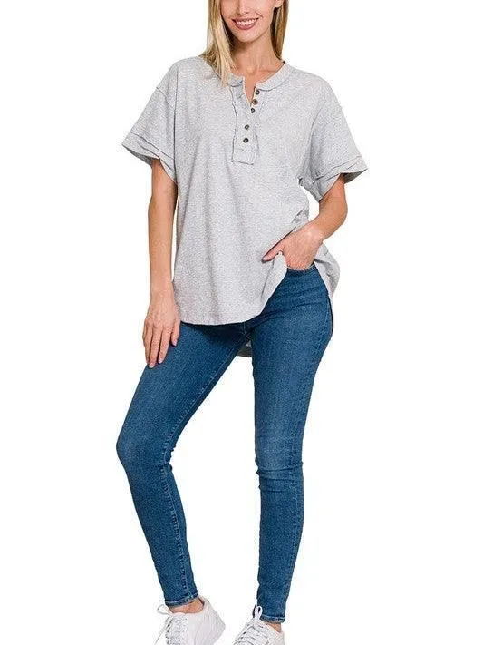 Tucks   Buttons Short Sleeve Raw Edge Oversized Shirt