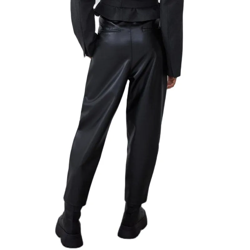 Women High Waist Black Faux Leather Pants Loose Pencil Elegant Trouser