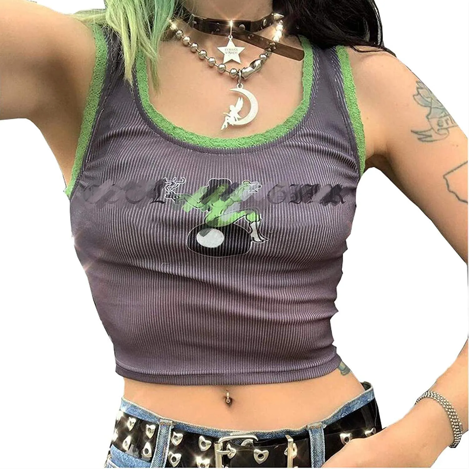 Women's Aesthetic Graphic Print Camisole Y2K Crop Top E-Girl Camis Vest Tee Shirt Top Girls Cute Tank Top Streetwear