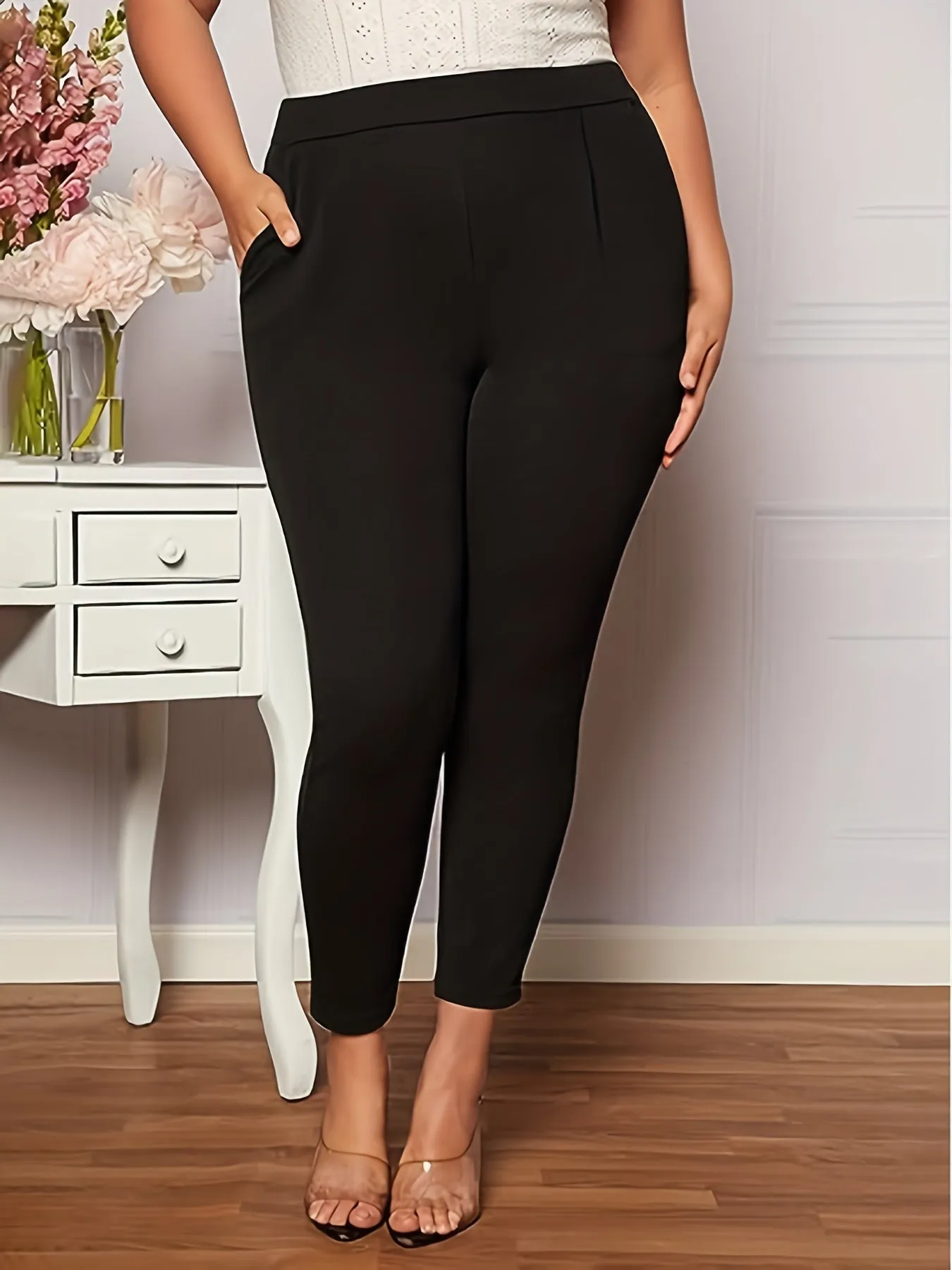 Women's Plus Solid High Rise Medium Stretch Skinny Trousers - Effortlessly Elegant"