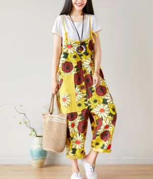 Yellow Floral Loose Denim Casual Spring Denim Overall Women Jumpsuits QY18