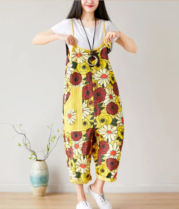 Yellow Floral Loose Denim Casual Spring Denim Overall Women Jumpsuits QY18