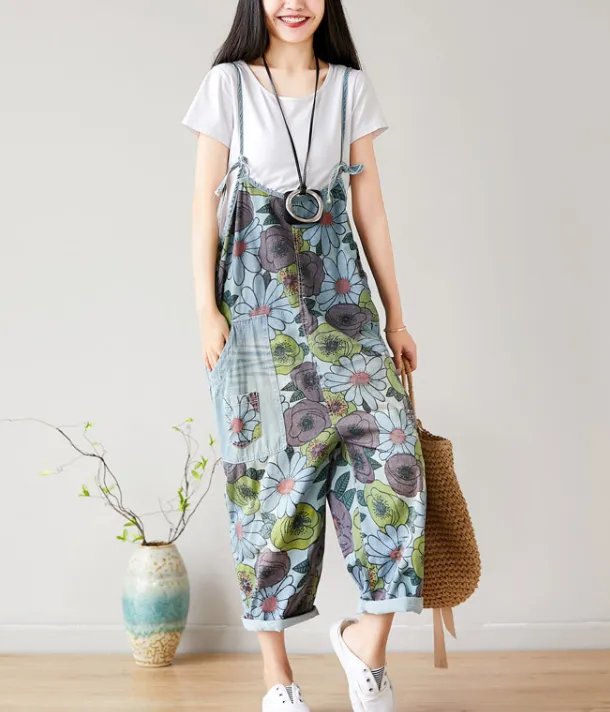 Yellow Floral Loose Denim Casual Spring Denim Overall Women Jumpsuits QY18