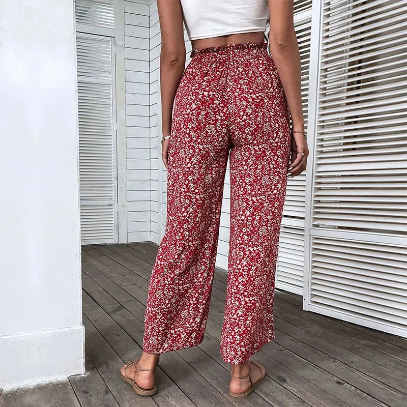 YESMYTOOL  -   Elegant Floral Print Pant for Summer Women's Pants 2024 New Elastic High Waist Red Cotton High Waist Split Wide Leg Pant